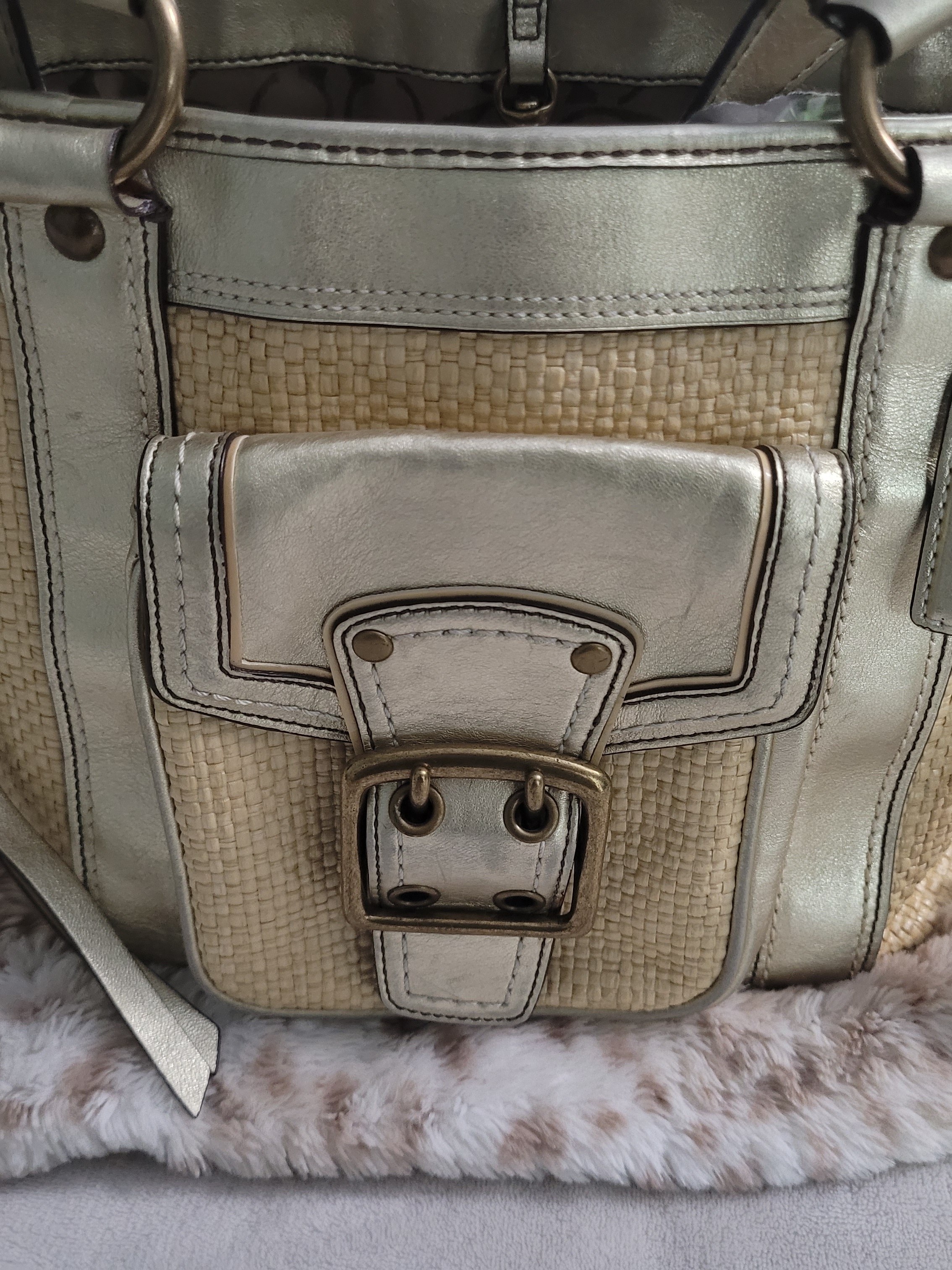 Vintage Coach 113 Classic Leather / Straw Tote Bag